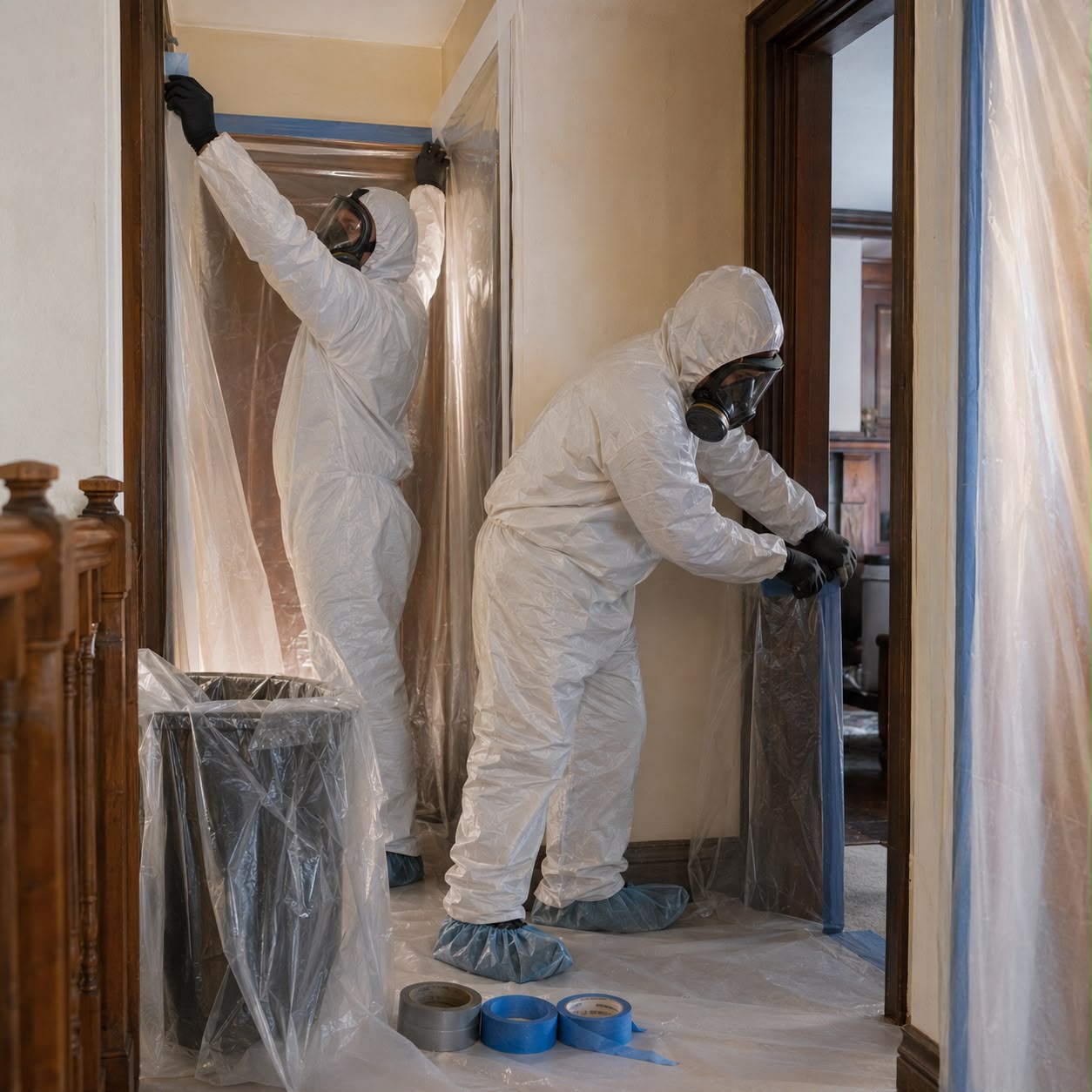 Licensed technicians removing asbestos floor tiles with protective equipment