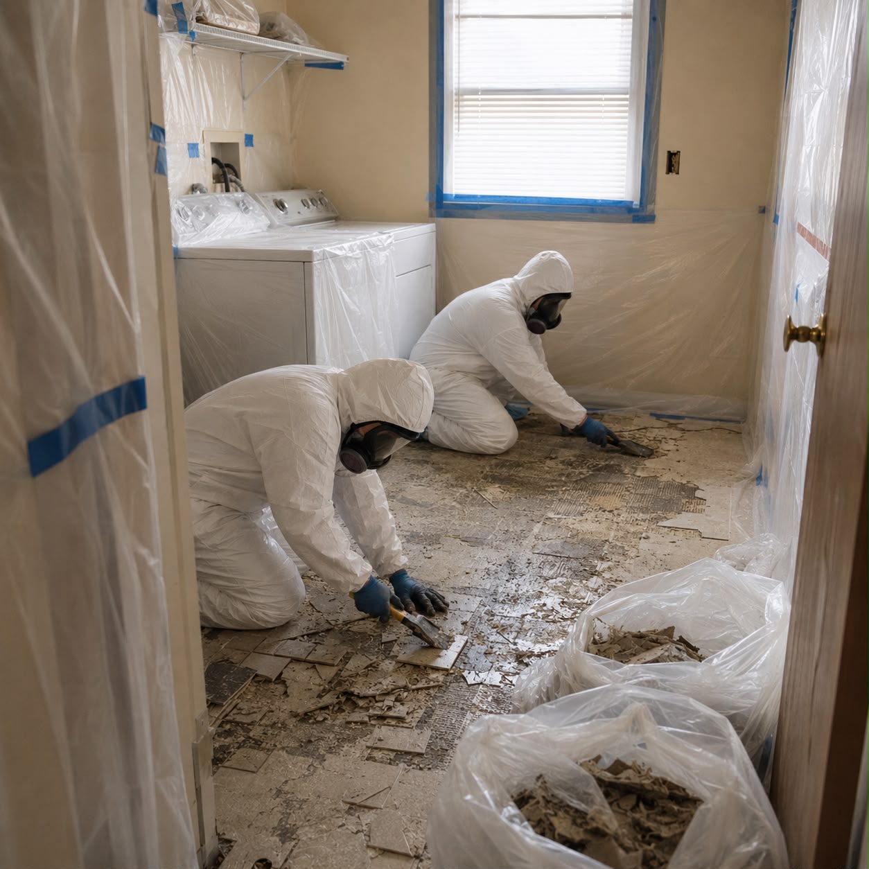 EPA certified specialists sealing containment barrier in residential hallway